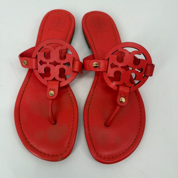 Tory Burch Miller Sandals Womens 8.5M Orange Leather Slip On Thong Flat Casual - Picture 1 of 13